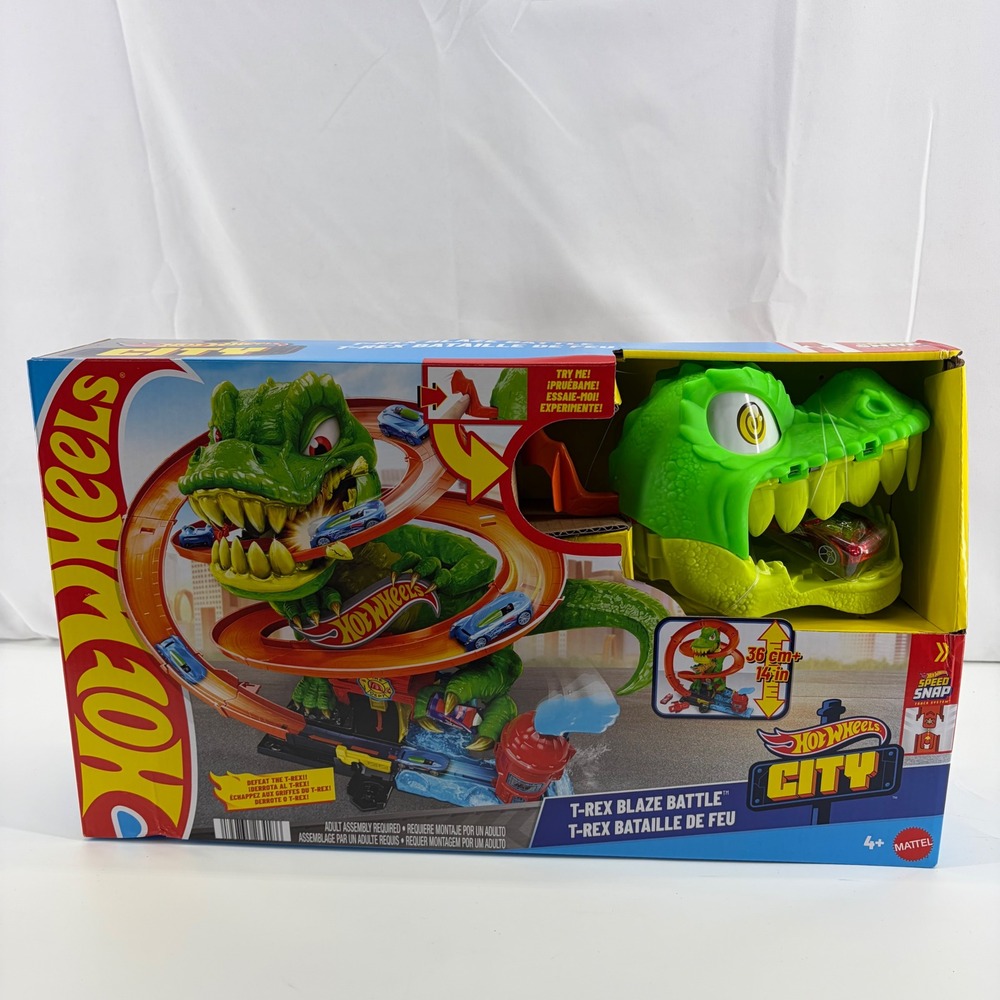 Hot Wheels City T-Rex Blaze Battle Playset Dinosaur Track Set JBM73 New